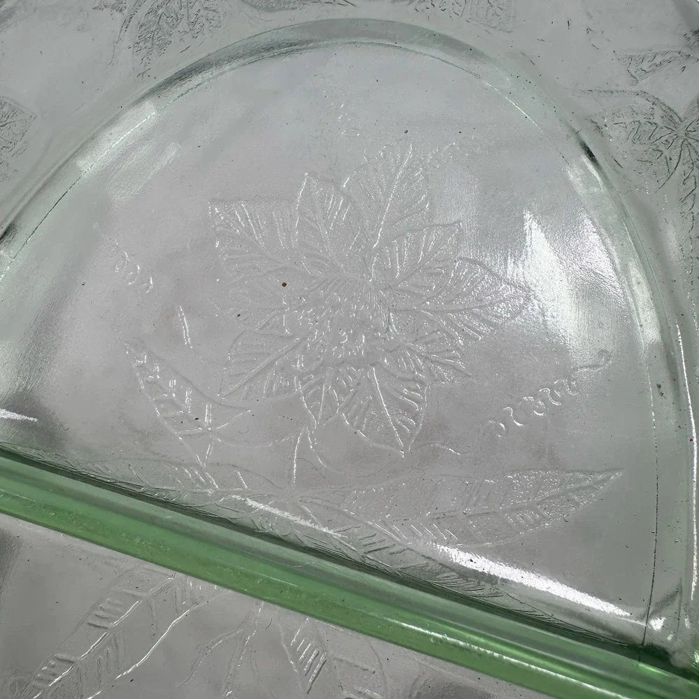 Jeanette Glass Poinsettia Green Uranium Depression Glass Divided Relish Dish